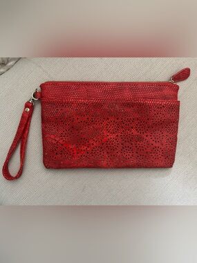 Chico’s Red Faux Leather Snakeskin Embossed Studded Wristlet Clutch Bag
